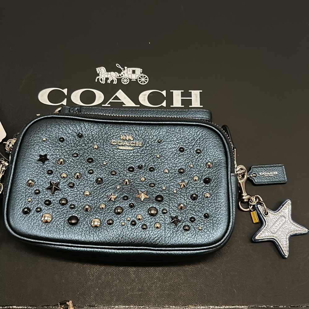 Coach Crossbody Metallic Blue Studded Rivets Star NASA Wristlet Bag Purse Wallet - Picture 12 of 15
